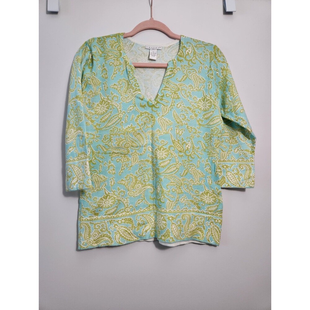 Tweeds Womens Sz S V-Neck 3/4 Sleeve Tunic Top Sweater Green Blue Artsy Soft